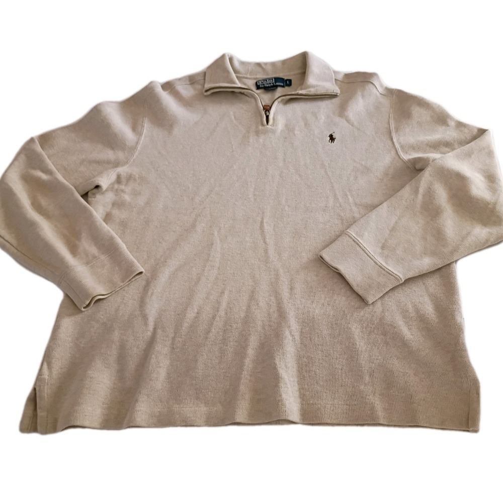 Polo Ralph Lauren Mens Large Beige 100% Cotton Quarter Zip Pullover Sweater L